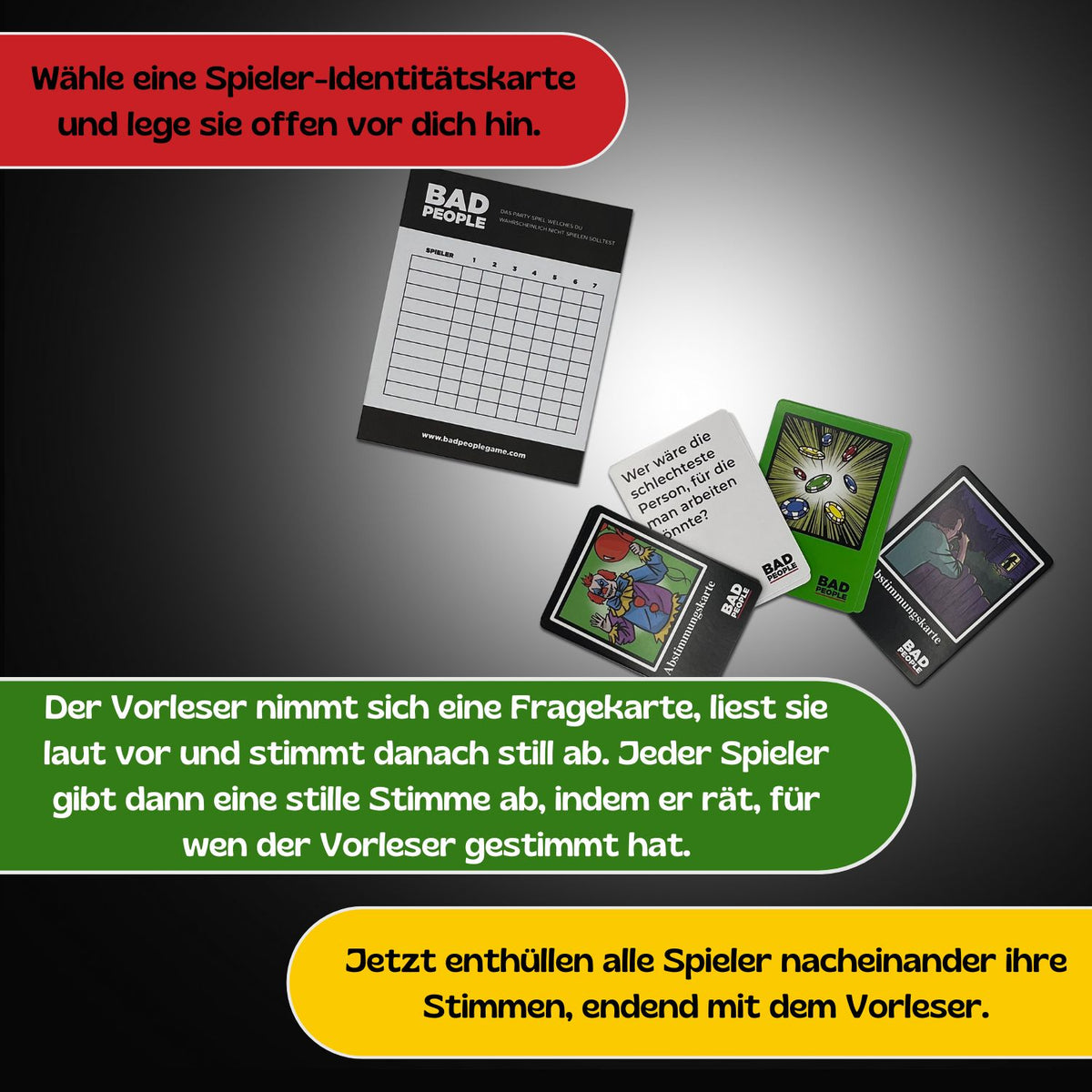 Spiel „Bad People“ (deutsche Ausgabe): Spielkarten-Layout mit Auswahlkarte