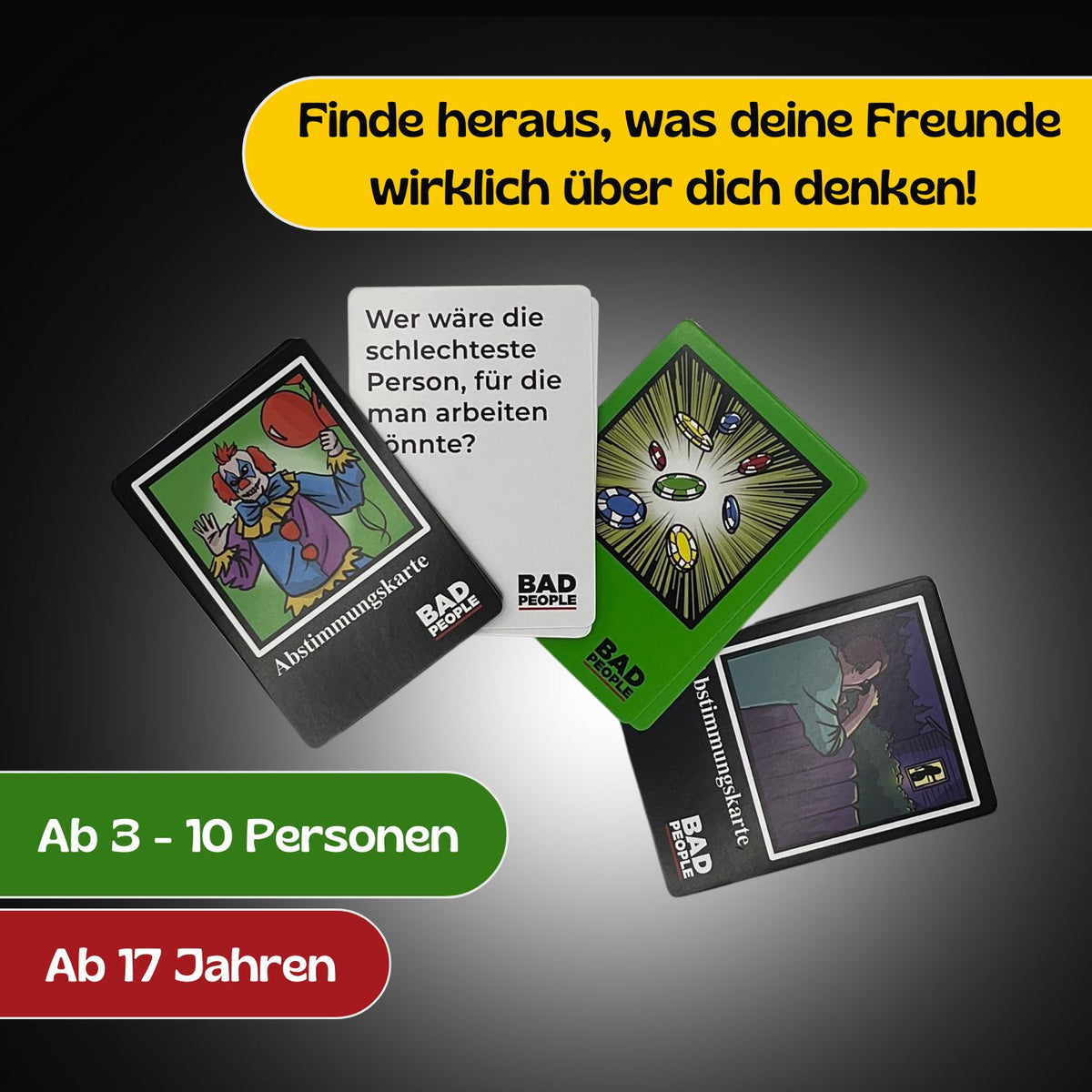 Spiel „Bad People“ (deutsche Ausgabe): Freundesfrage-Spielkarten mit Kartenmotiven
