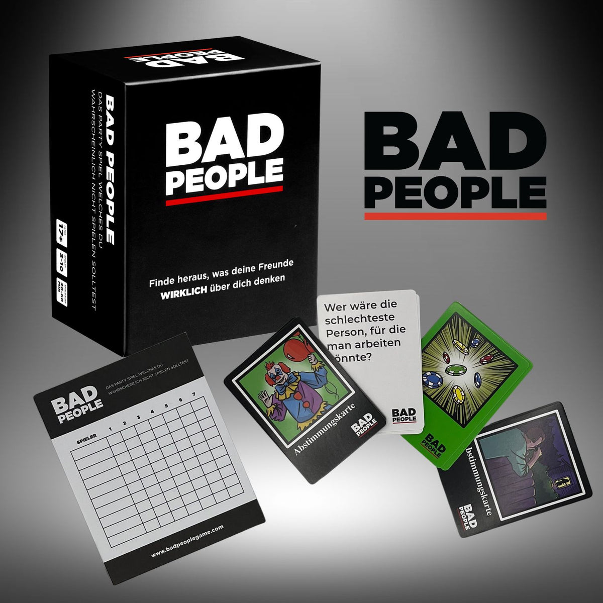 Spiel „Bad People“ (deutsche Ausgabe) mit Spielbox und mehreren Identitätskarten