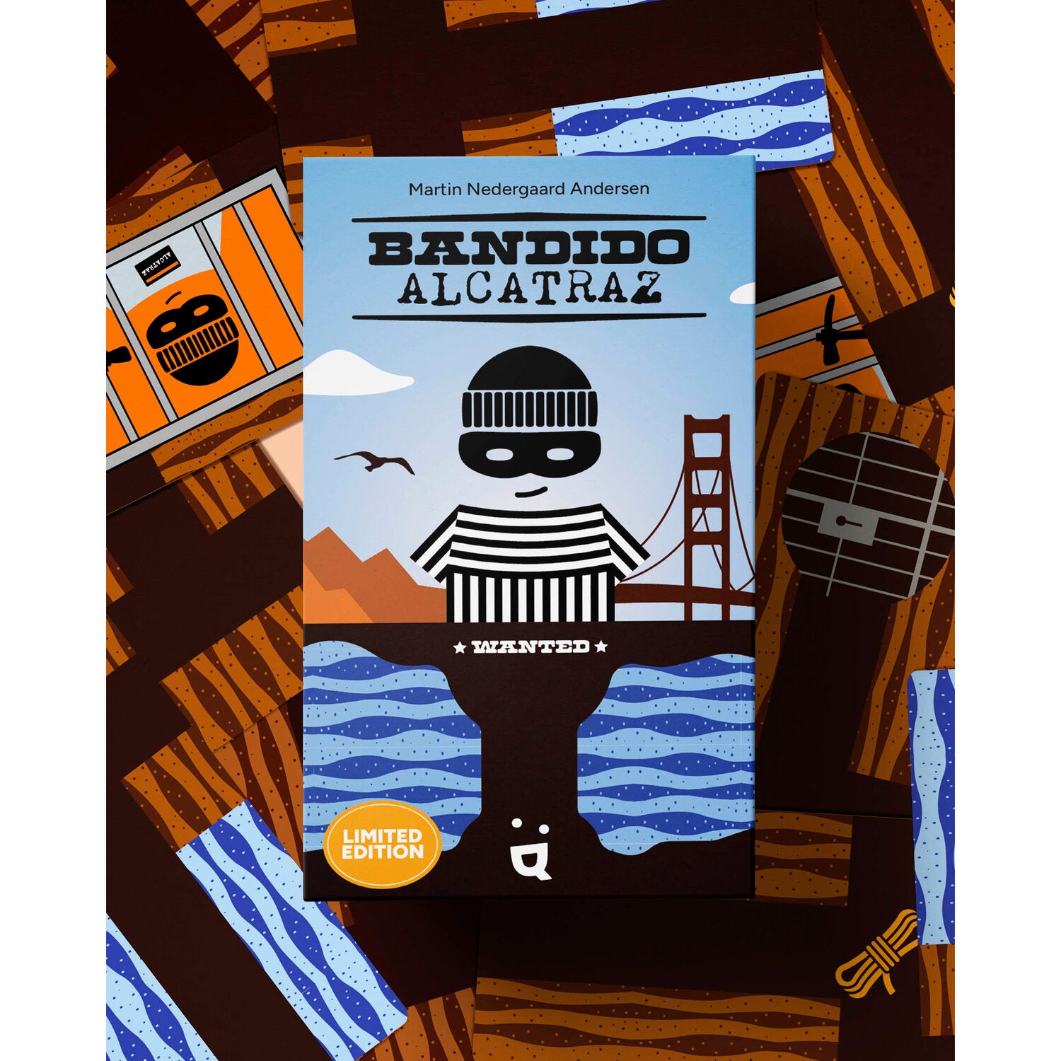 Brettspiel-Box mit Bandido-Motiv, Gefängnisbrücke und Wellen im Hintergrund