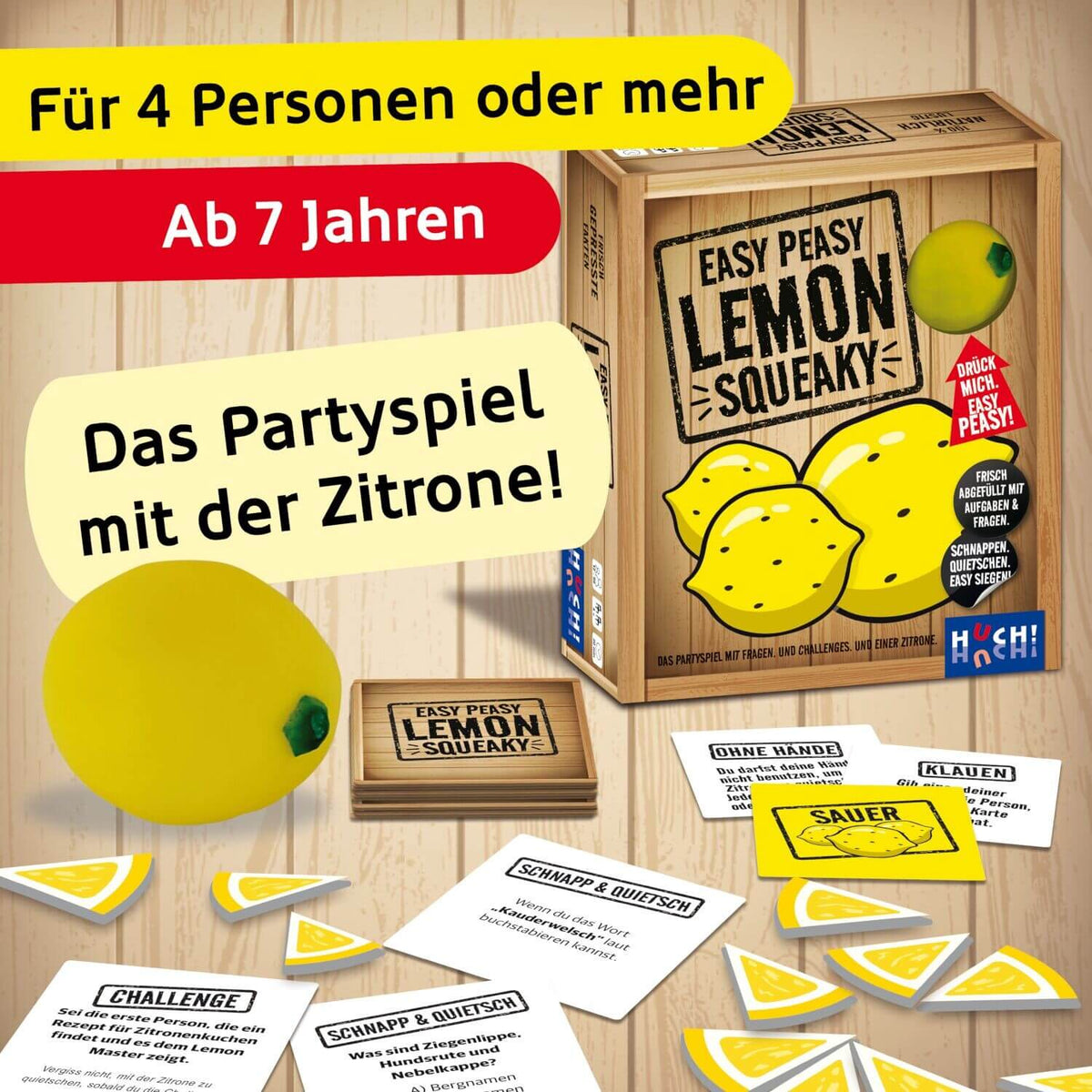 Partyspiel-Set: Spielbox, Quietsch-Zitronen und Karten
