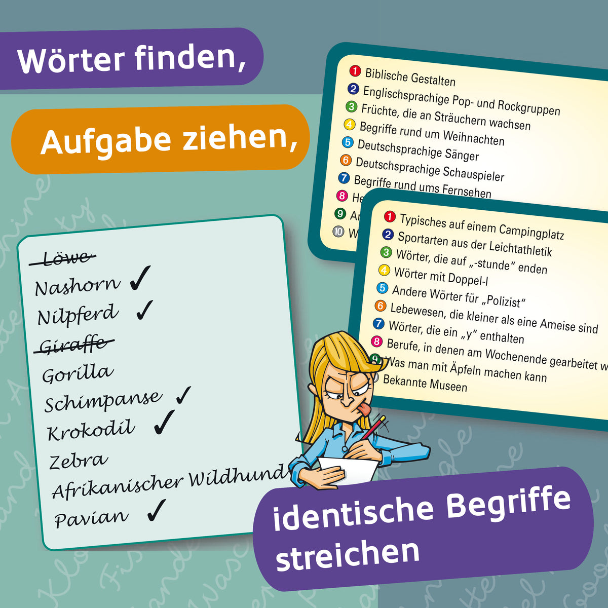 Rückseite der Gesellschaftsspiel-Box mit Aufgabenliste und Begriffen