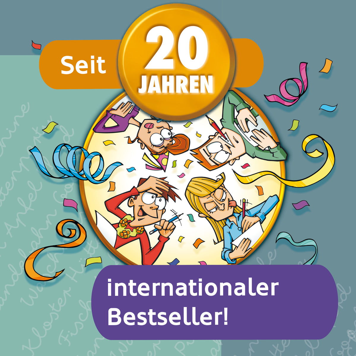Gesellschaftsspiel-Box mit Aufdruck „Seit 20 Jahren“ und Comic-Spielern