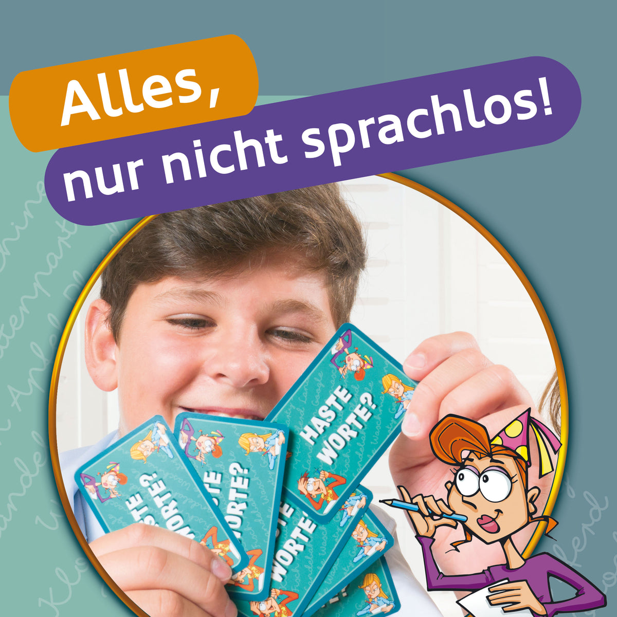 Kinder halten Gesellschaftsspielkarten „Haste Worte?“ vor dem Gesicht