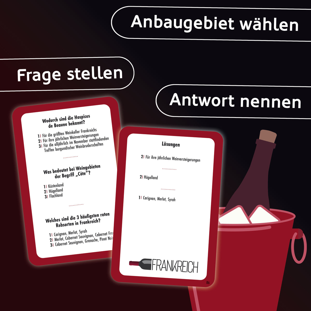 Spielbrett mit rotem Weinkreis, Kartenstapel und Weinflaschen-Markern