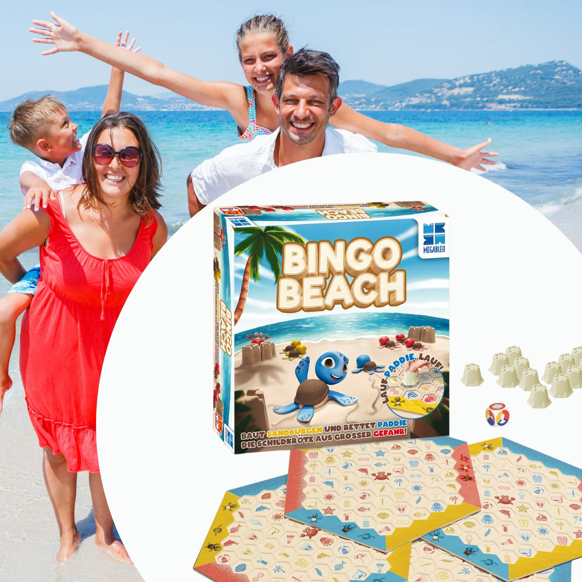 Bingo Beach Spielebox mit Strandmotiv und Zubehör zum Spielstart