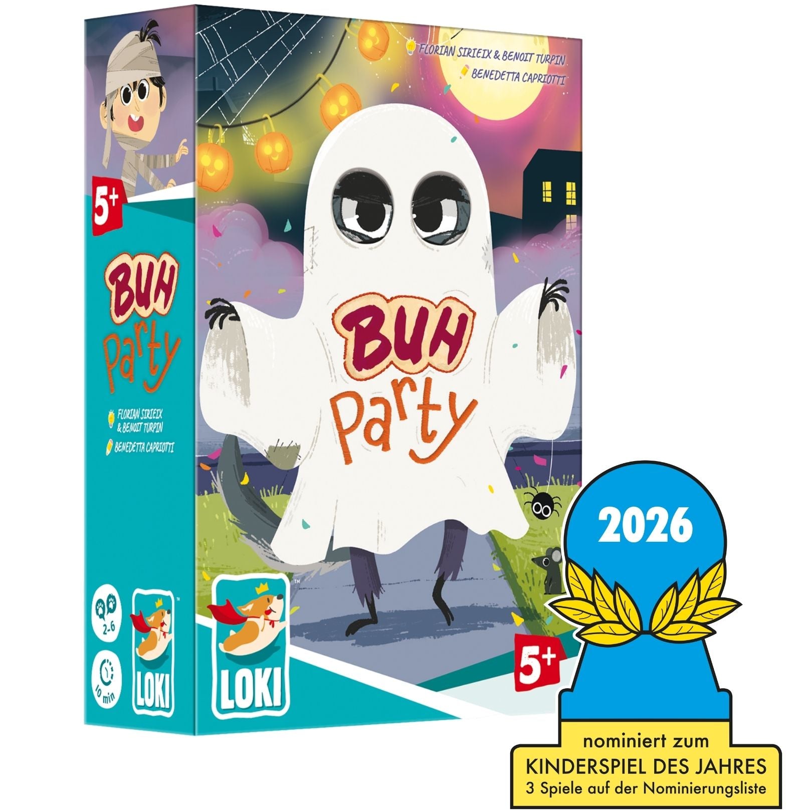Kinderspiel-Box mit Geist-Gesicht, bunten Grusellichtern und Aufdruck 2026