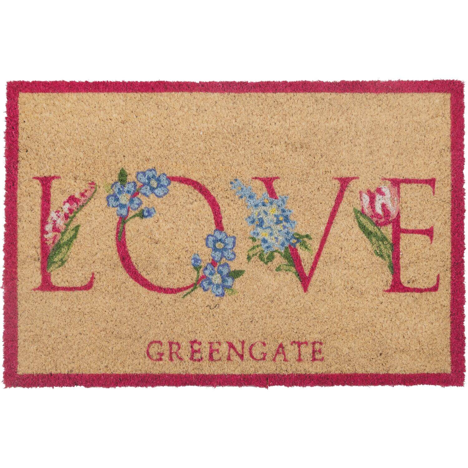 Türmatte „Agnes Love“ beige mit pinkem Rand, Blumenmotiv und Aufschrift „LOVE“