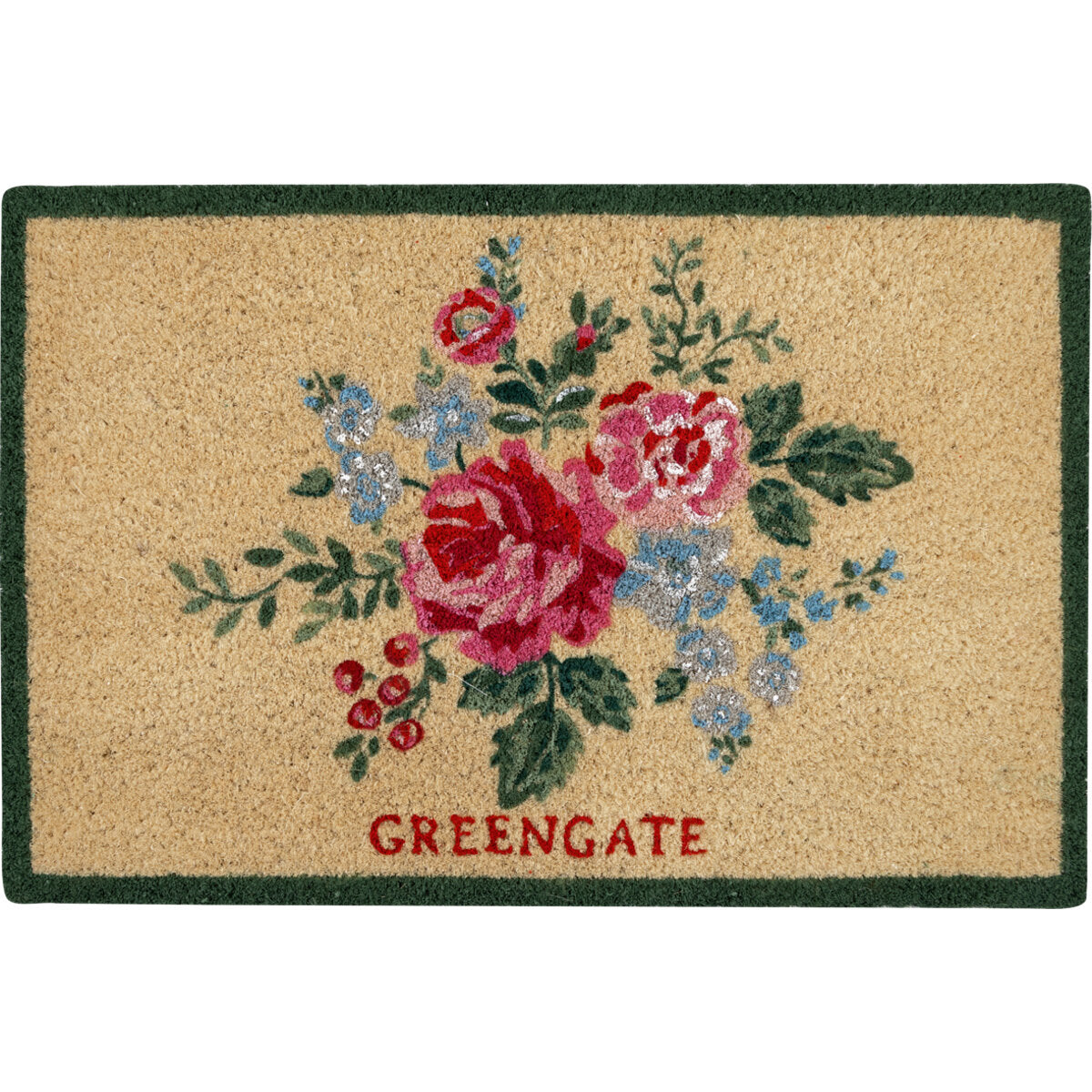 Fußmatte mit floralem Design in Beige und bunter Blumen, grünem Rand, Aufschrift GREENGATE
