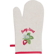 Ofenhandschuh „Berry“ in Sand mit rotem Saum und besticktem Blumen- und Erdbeermotiv