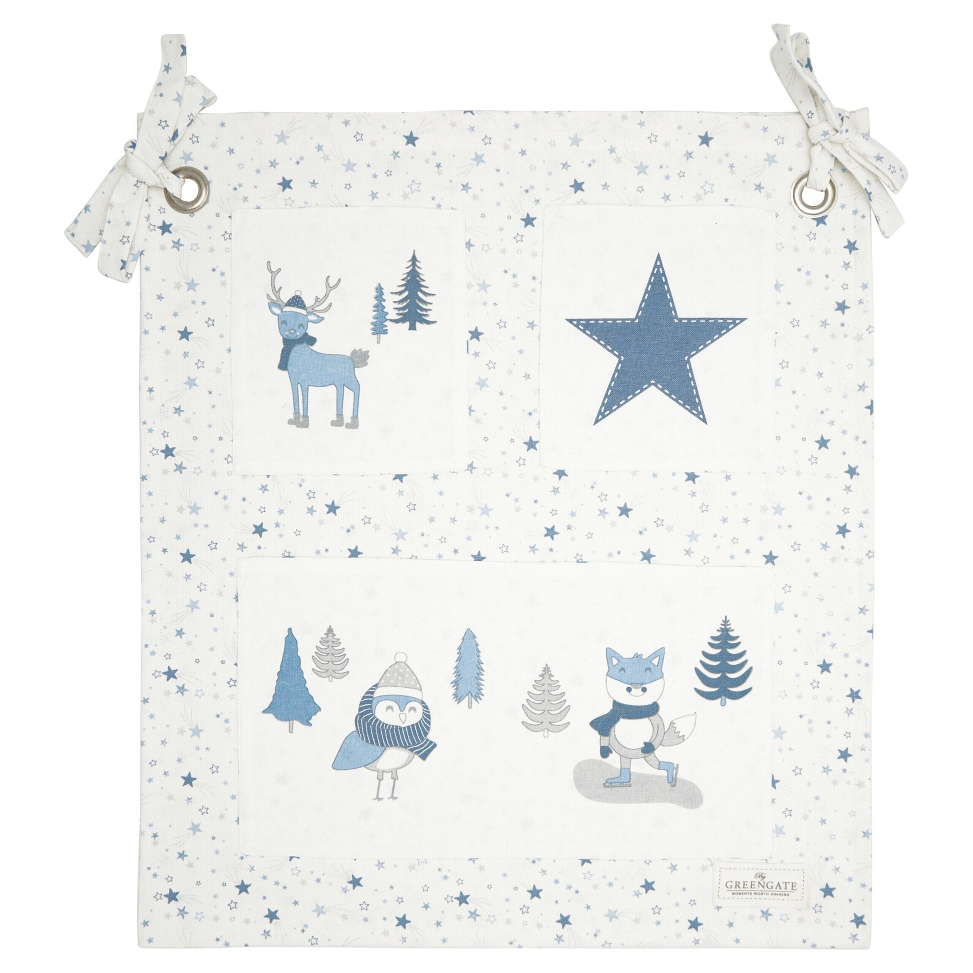 Wandaufbewahrung aus Stoff in hellem Blau mit Stern- und Tiermotiven