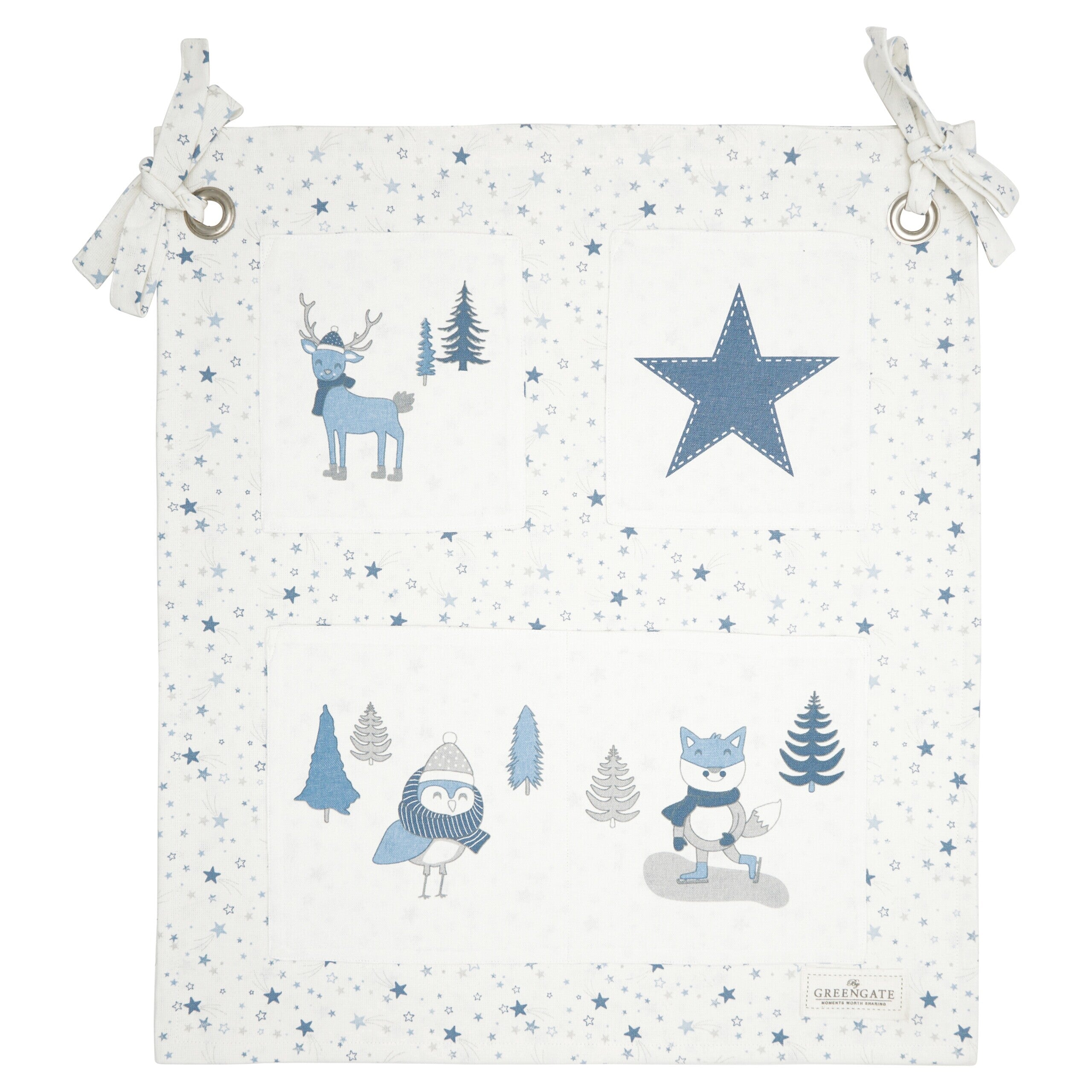 Wandaufbewahrung aus Stoff in hellem Blau mit Stern- und Tiermotiven
