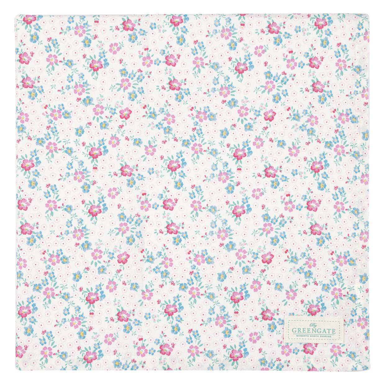 Tischdecke in Weiß mit kleinem Blumenmuster in Rosa und Blau, quadratisch