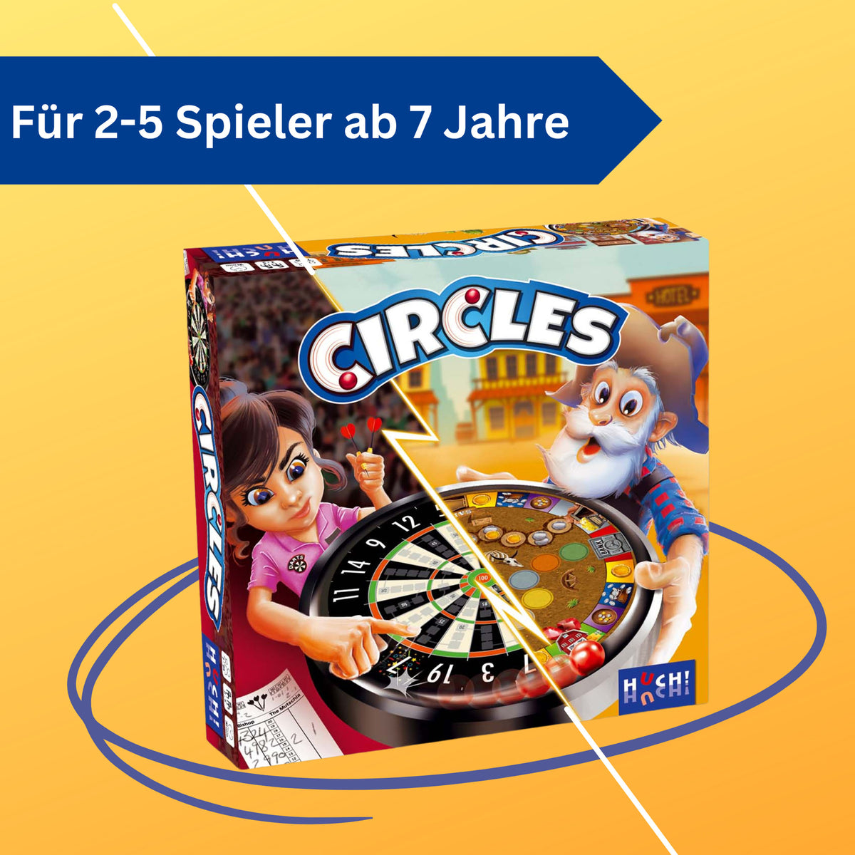 Brettspiel „Kreise“ als Kartonpackung mit Dart-Scheibe und Figuren, frontal