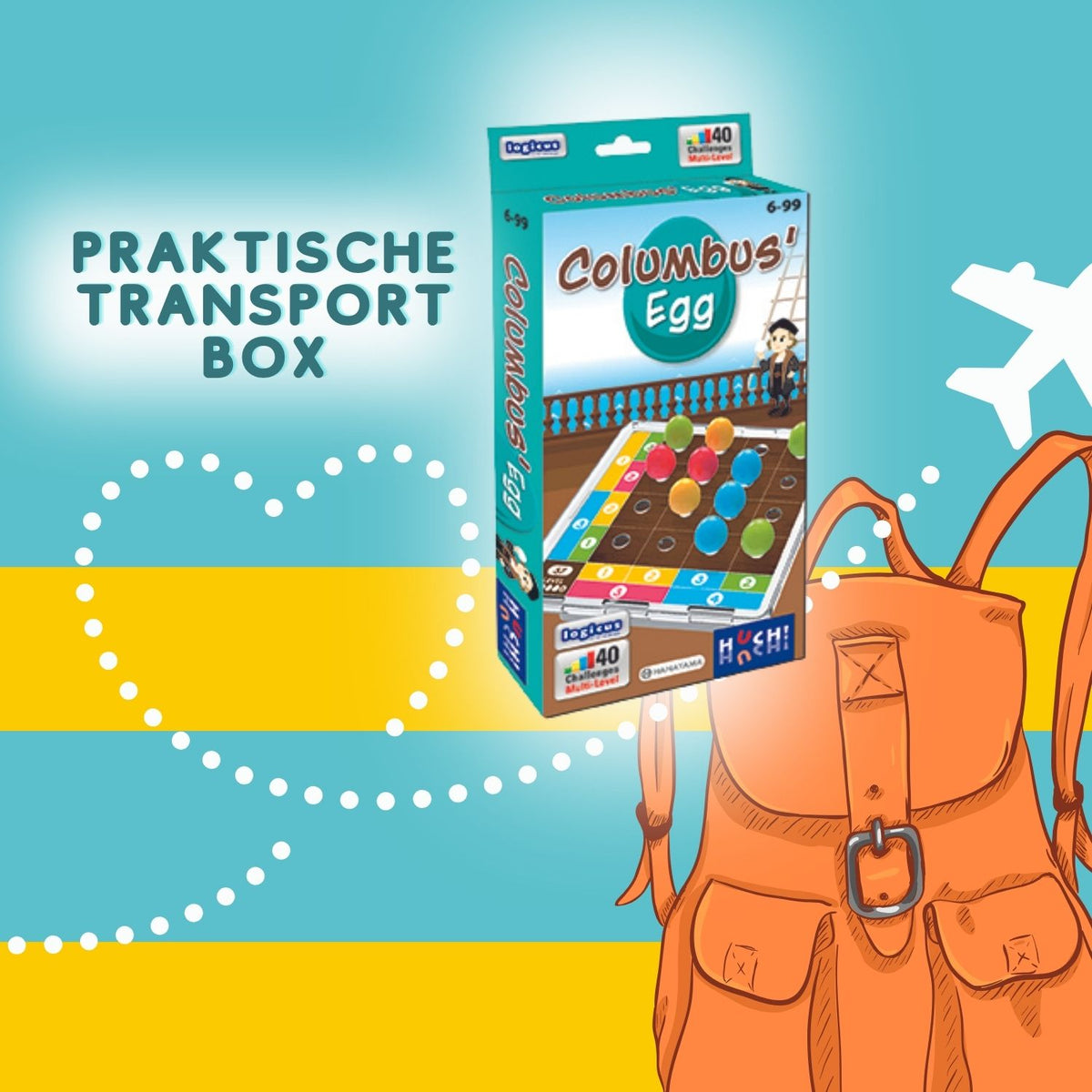 Columbus Egg Transportbox mit buntem Spielbrett und farbigen Eiern