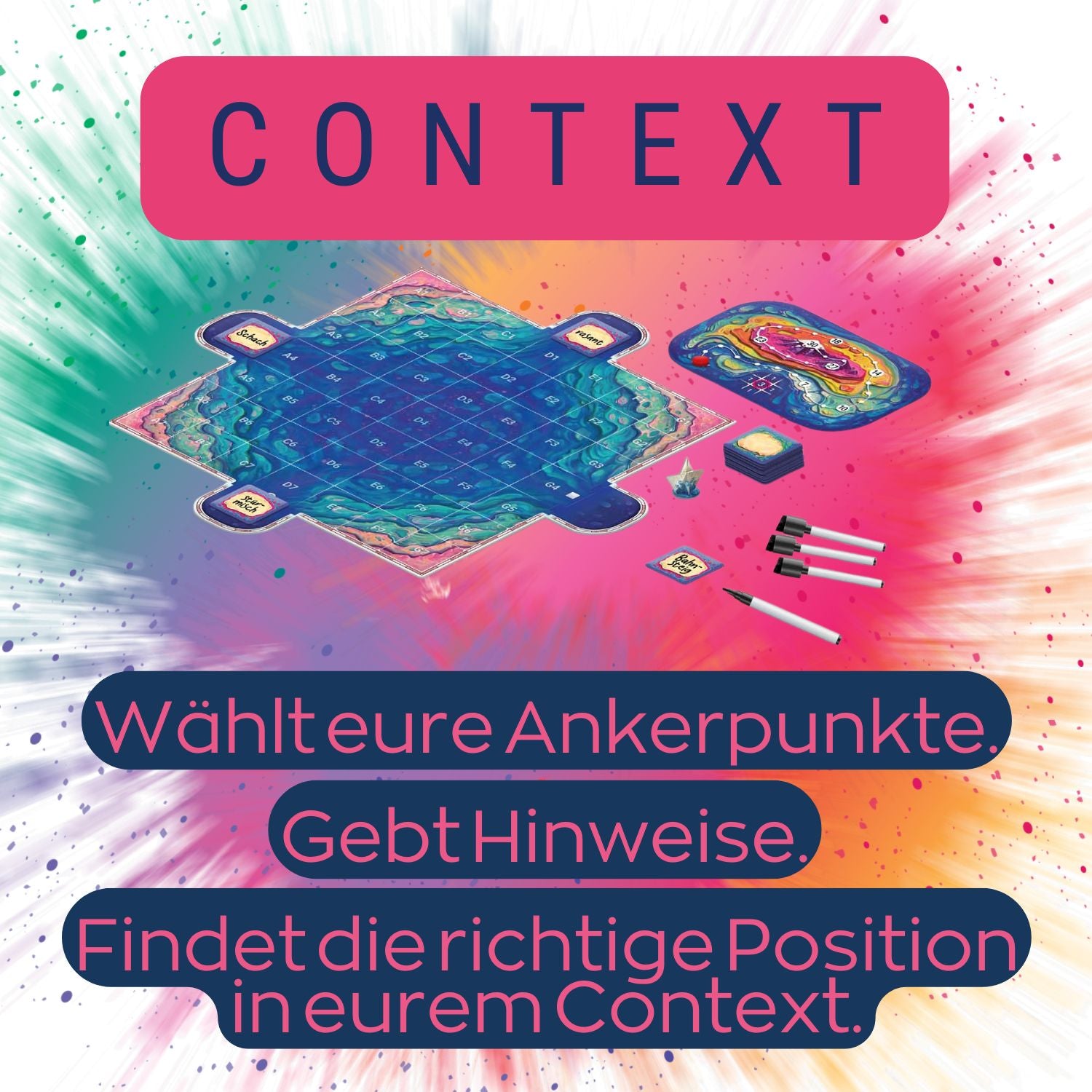 Werbebild mit Spielbox CONTEXT und Text „Wählt eure Ankerpunkte. Gebt Hinweise.“