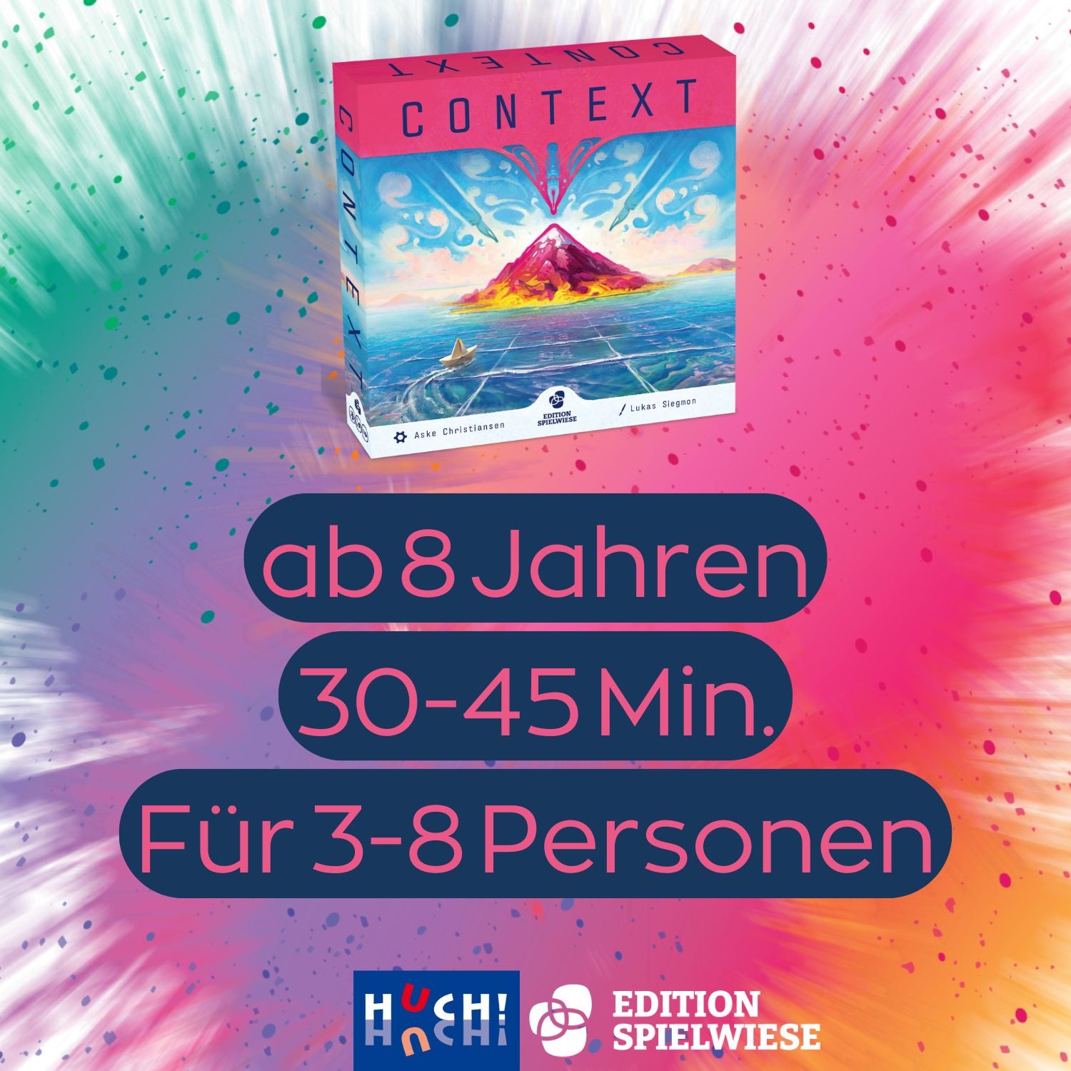 Werbebild mit Spielbox CONTEXT, „ab 8 Jahren“ und „Für 3–8 Personen“
