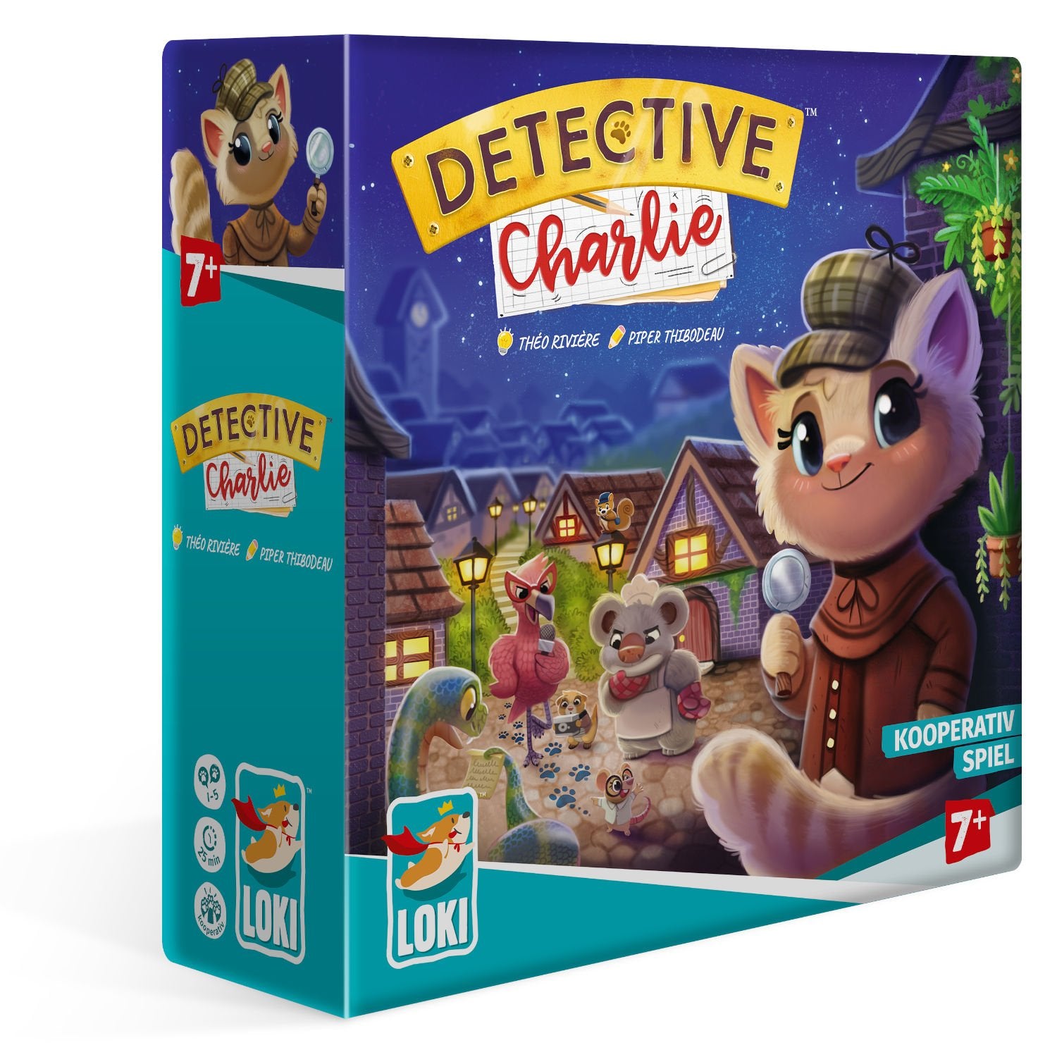 Kooperatives Spielbox-Set mit Fuchs-Detektiv auf blauer Verpackung, 7+