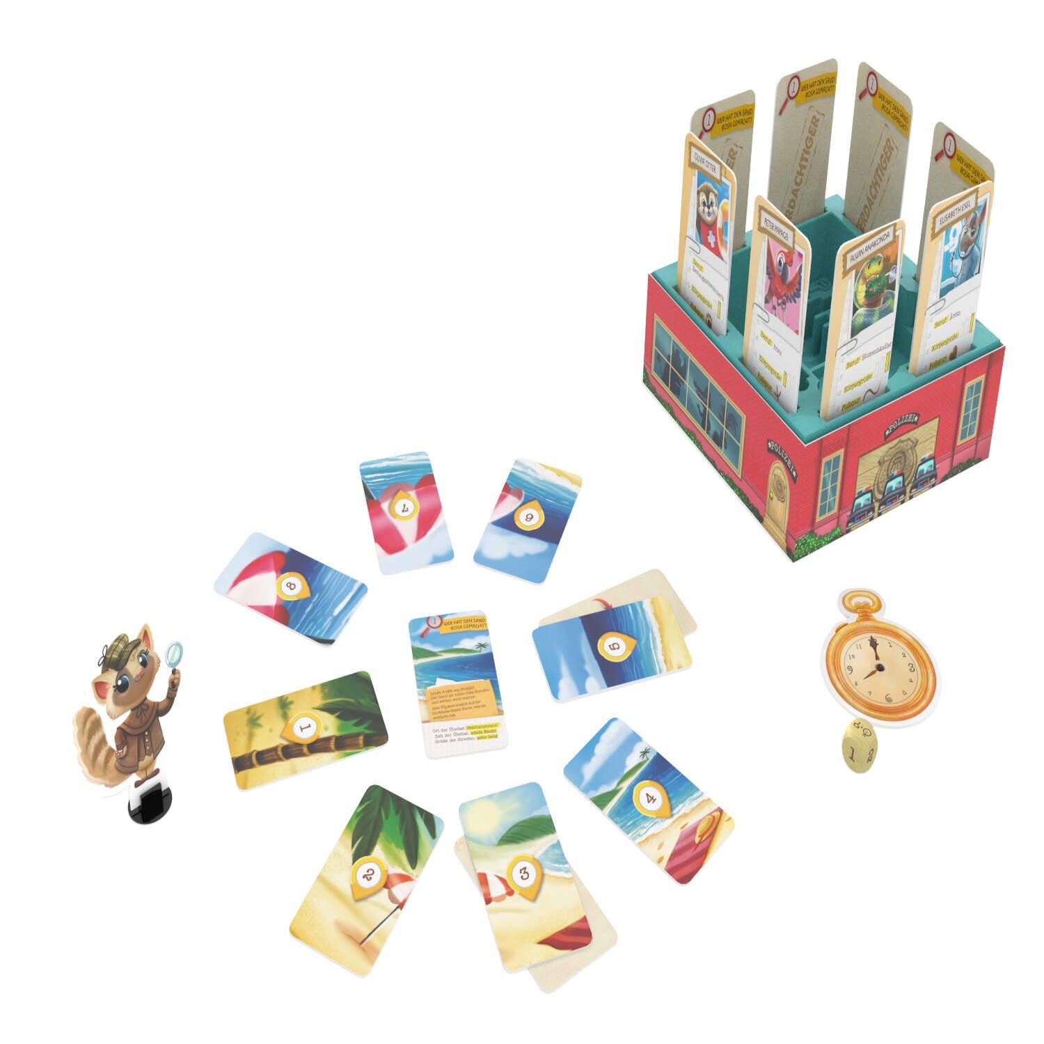 Spielinhalt: kleine Fuchsfigur, Karten, Umschlag und goldene Taschenuhranhänger