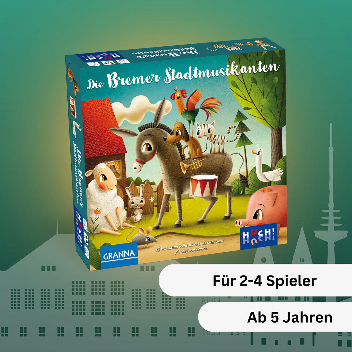 Brettspiel-Schachtel mit Tiertruppe in bunter Illustrationsgrafik