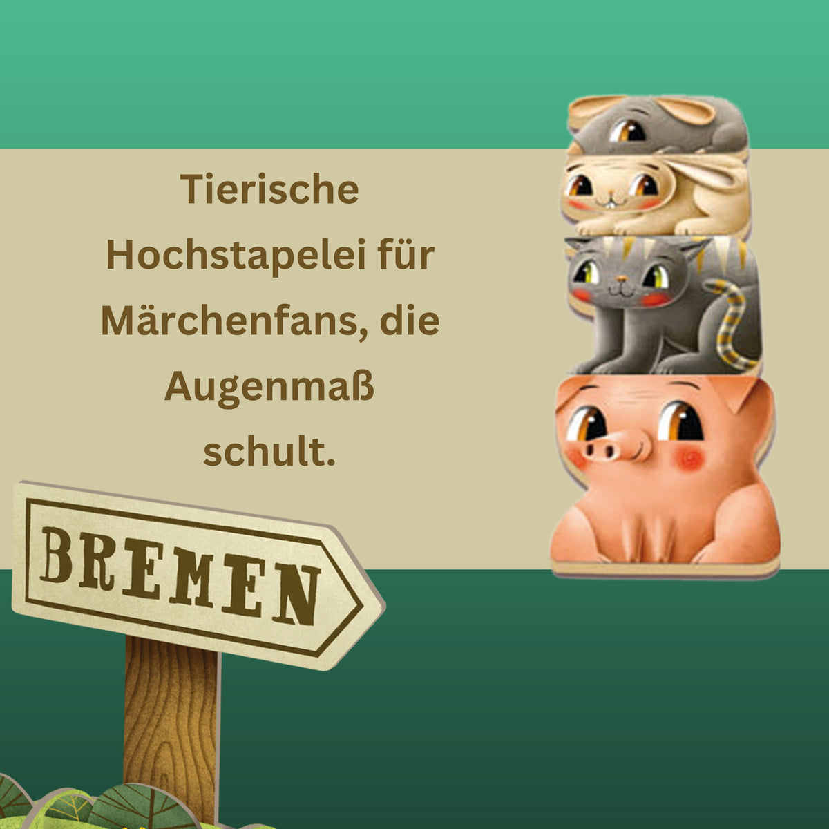 Tierisches Hochstapelspiel mit vier Tierfiguren im Stapel und Holzschild