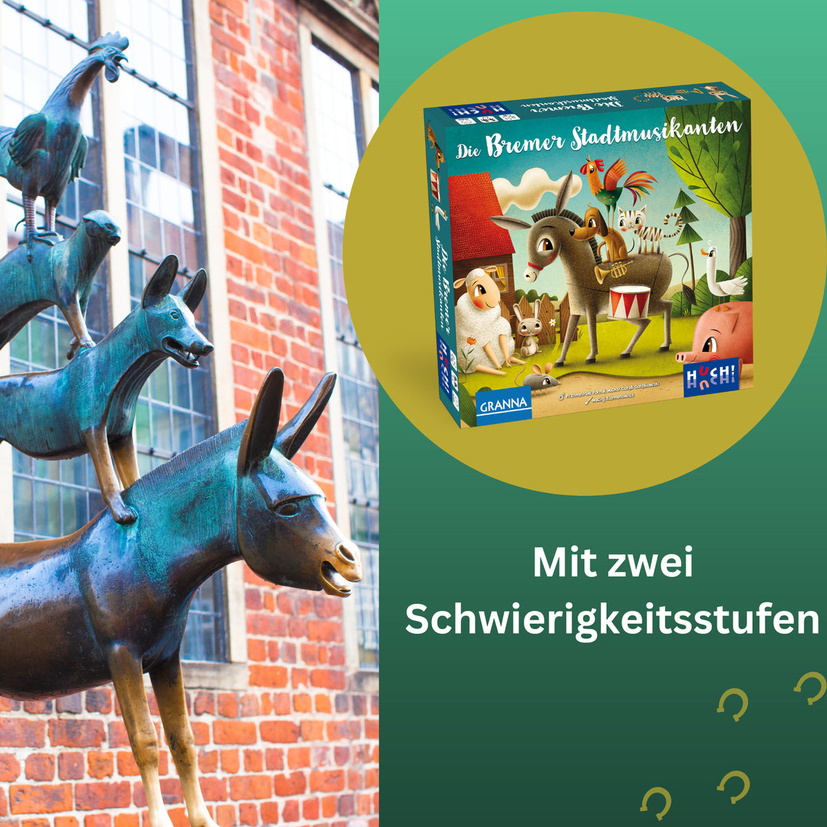 Brettspiel-Schachtel im Kreis mit Hinweis auf zwei Schwierigkeitsstufen