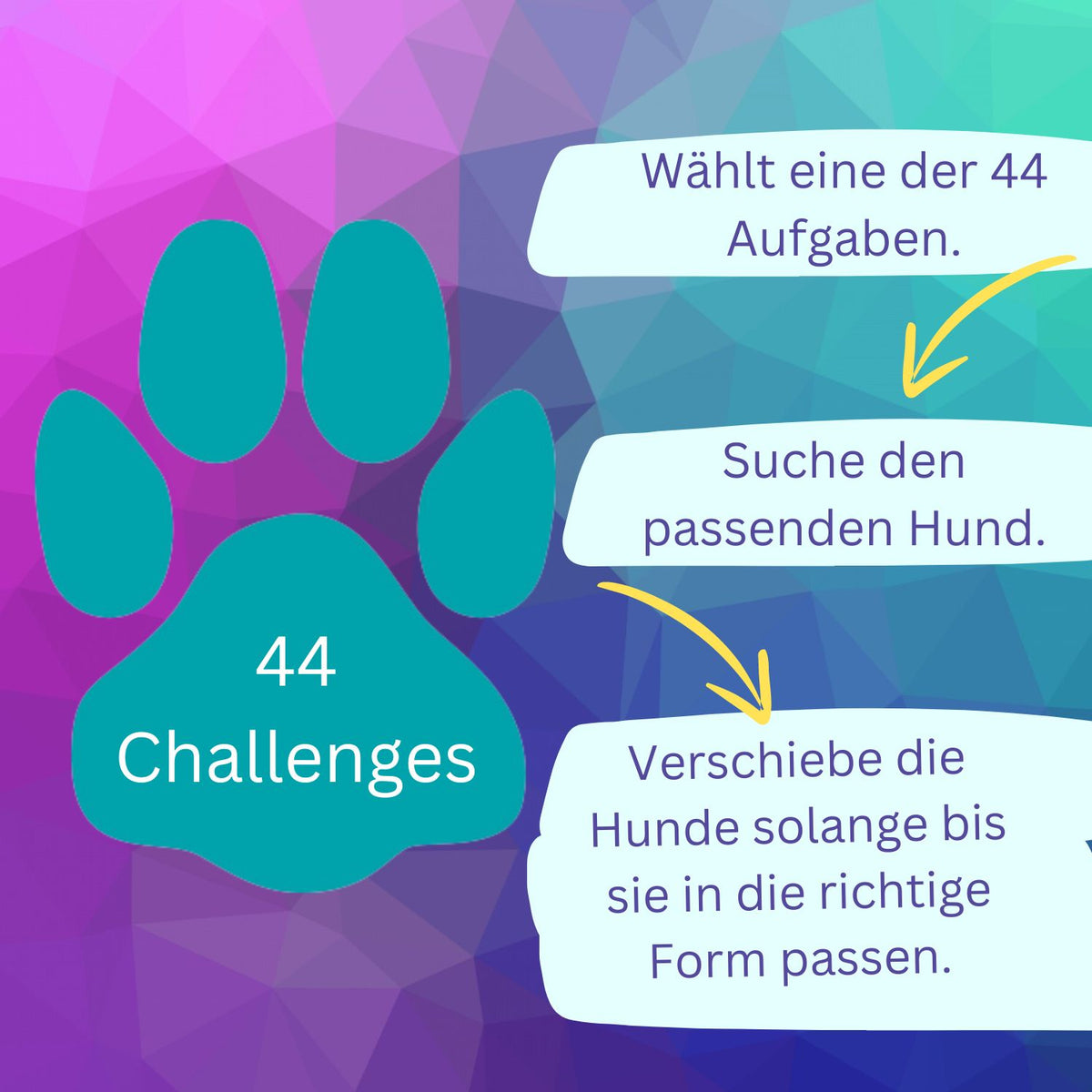 Hundehaufen-Spiel mit großen Pfoten-Symbolen und Aufgaben-Hinweisen