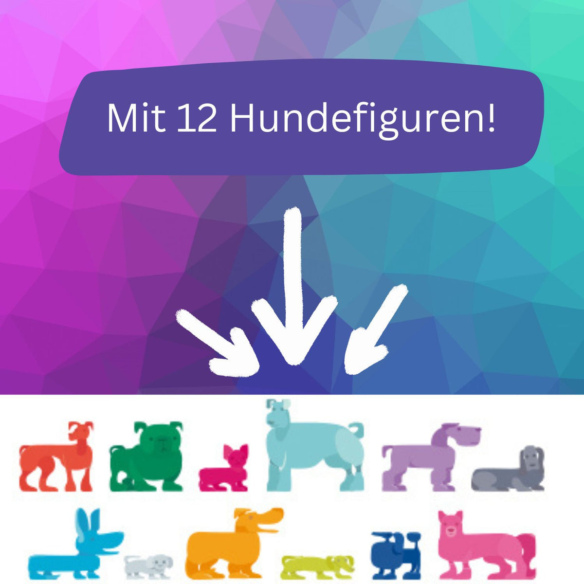 Hundehaufen-Spiel mit Hundefiguren in verschiedenen Farben und 12 Silhouetten
