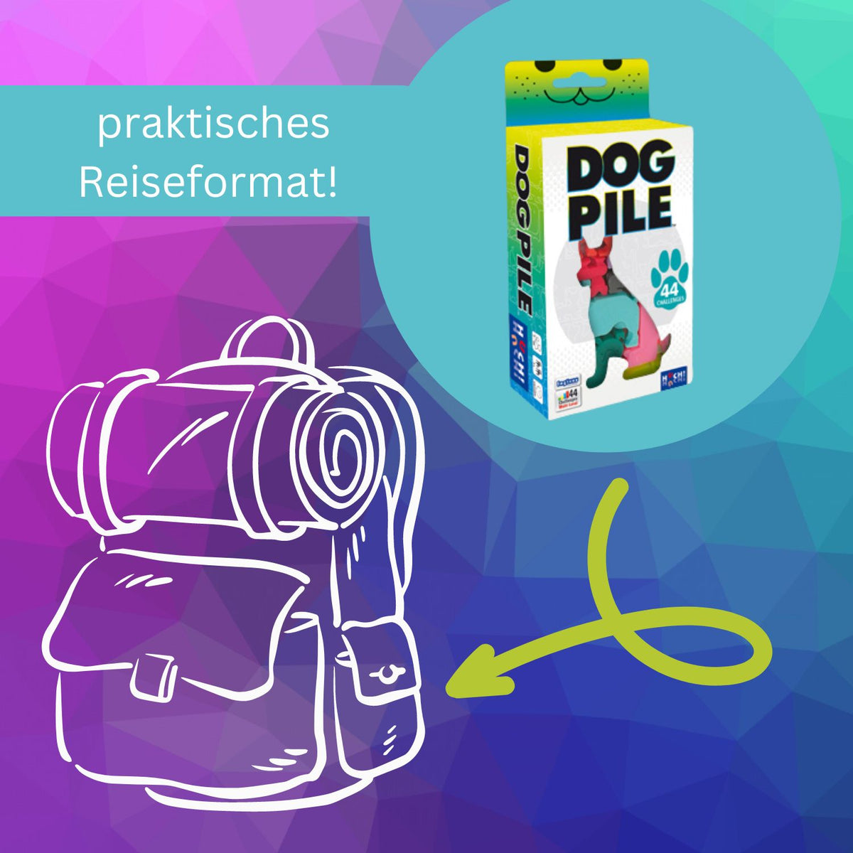 Hundehaufen-Spielbox im Reiseformat, bunte Hundefiguren auf der Verpackung