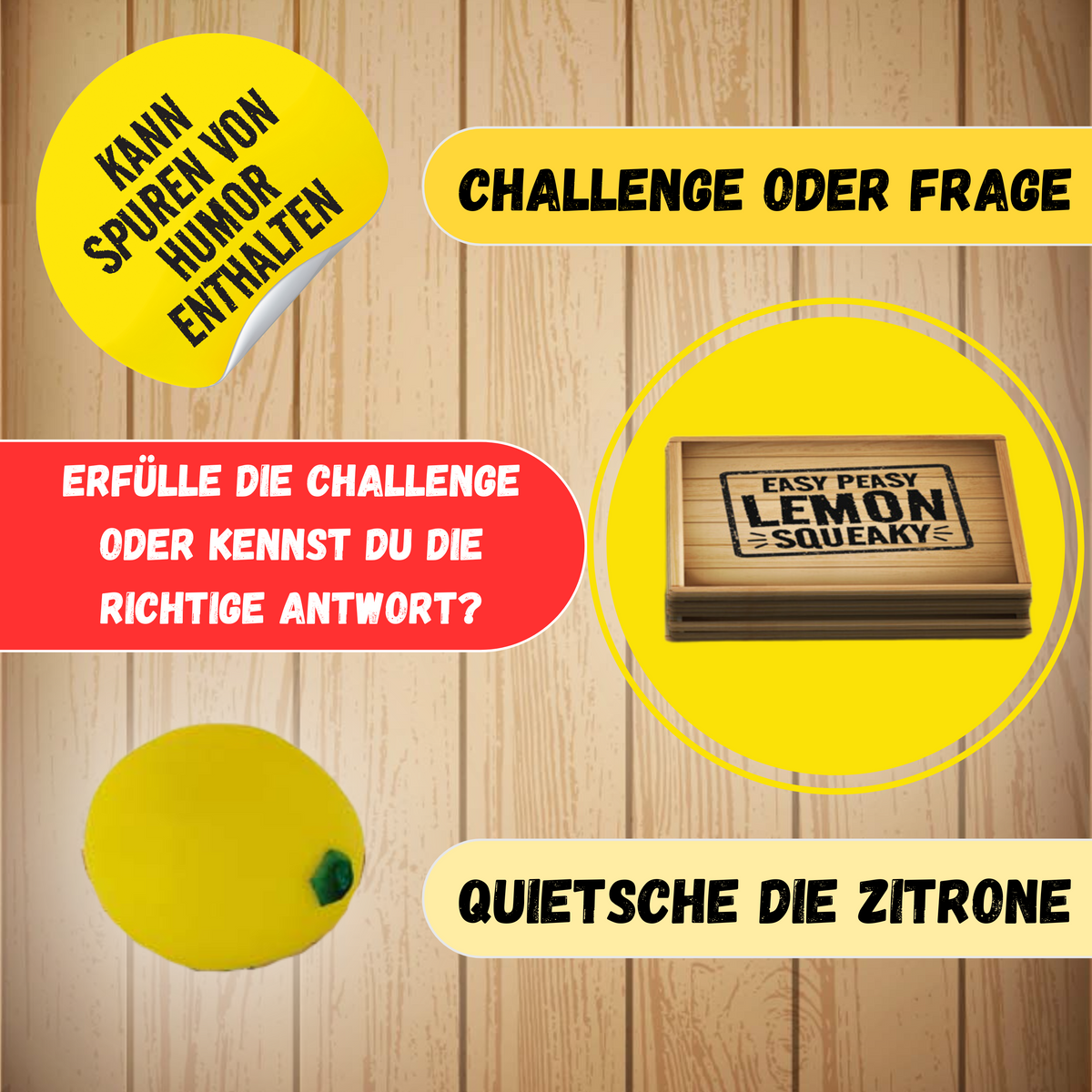 Gelbe Quietsch-Zitrone und Spielbox mit Karten