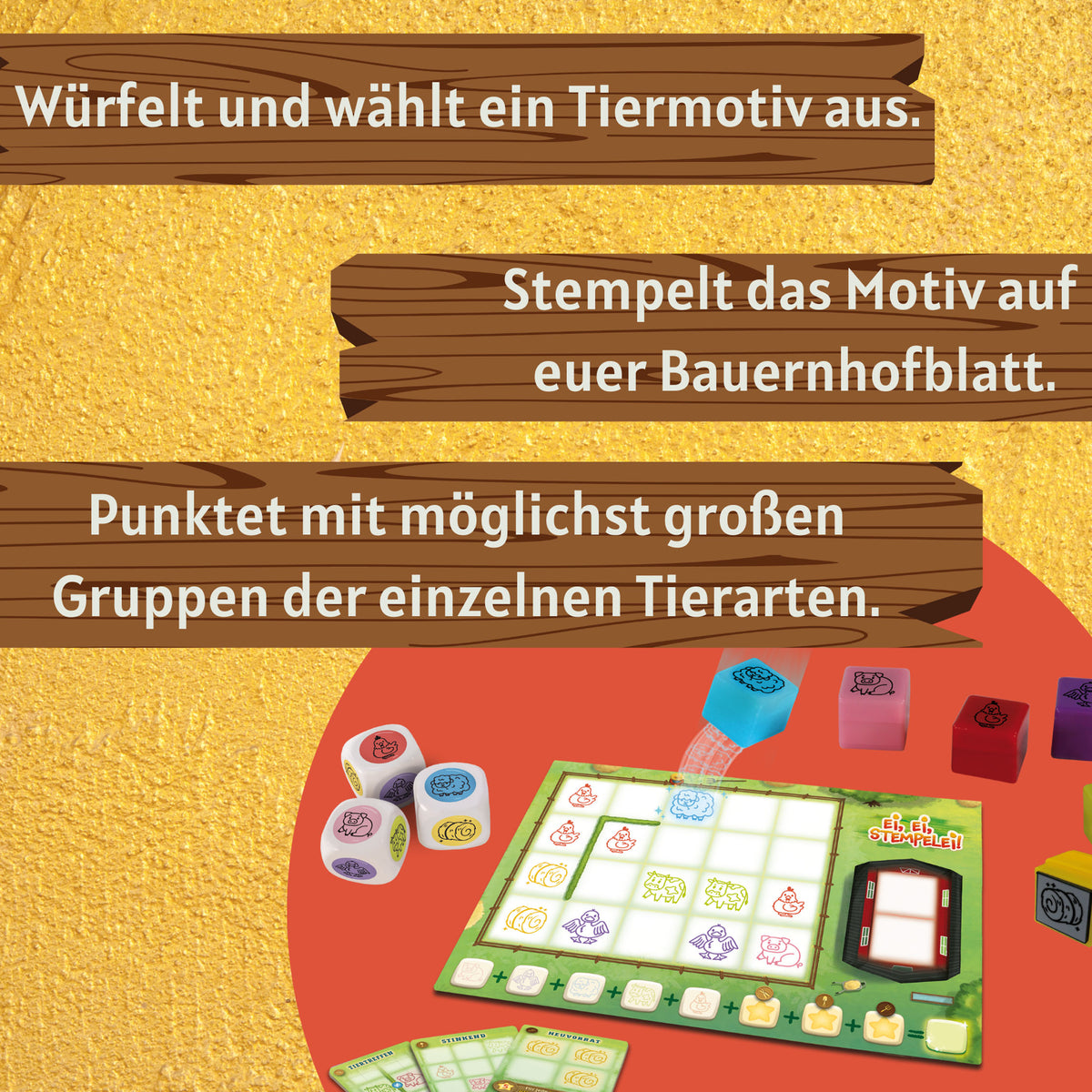 Stempelspiel-Zubehör mit Stempelkarten, Stempelkissen und Rundstempeln auf Spieltafel