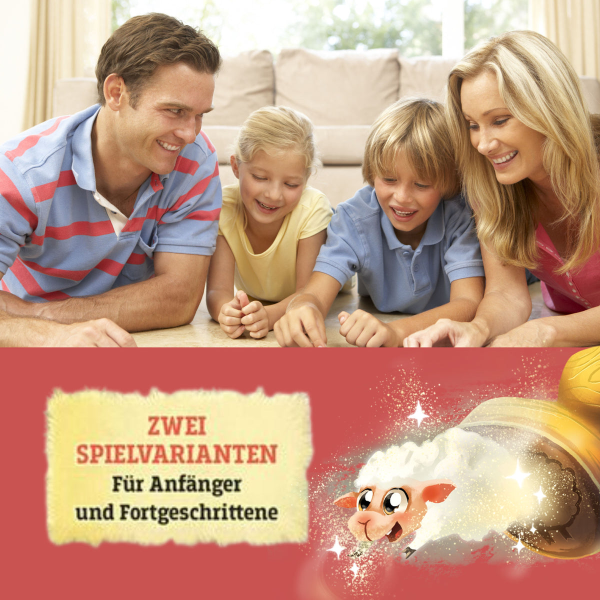 Spielkarte mit zwei Spielvarianten und großer Illustration eines Tieres