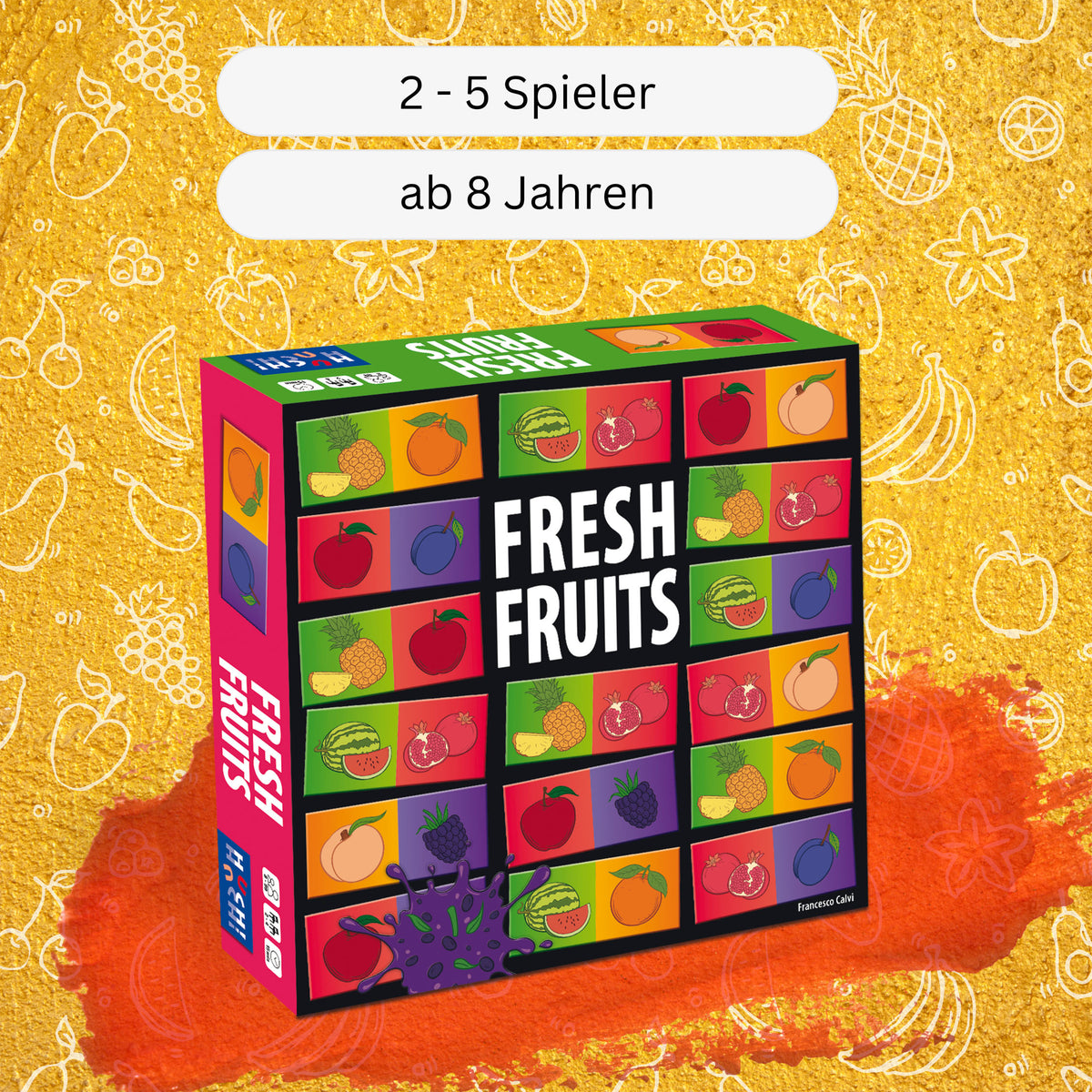 Frisches Obst Brettspiel-Box mit Altersangabe und buntem Fruchtmuster