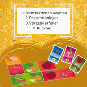 Frisches Obst Spielkarten mit bunten Fruchtmotiven auf dem Spielbrett