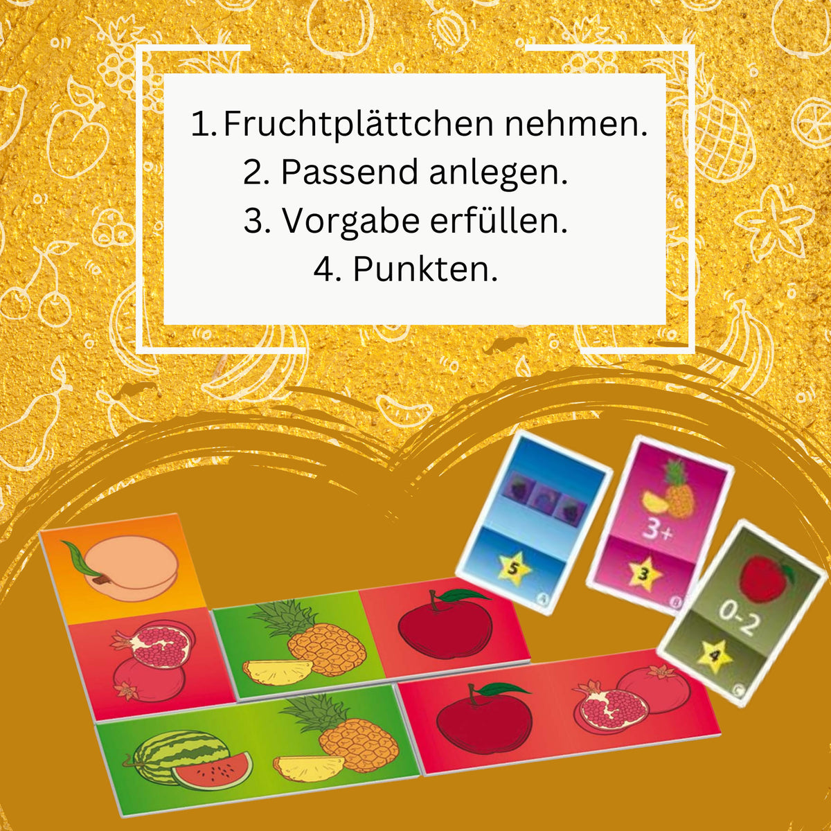 Frisches Obst Spielkarten mit bunten Fruchtmotiven auf dem Spielbrett