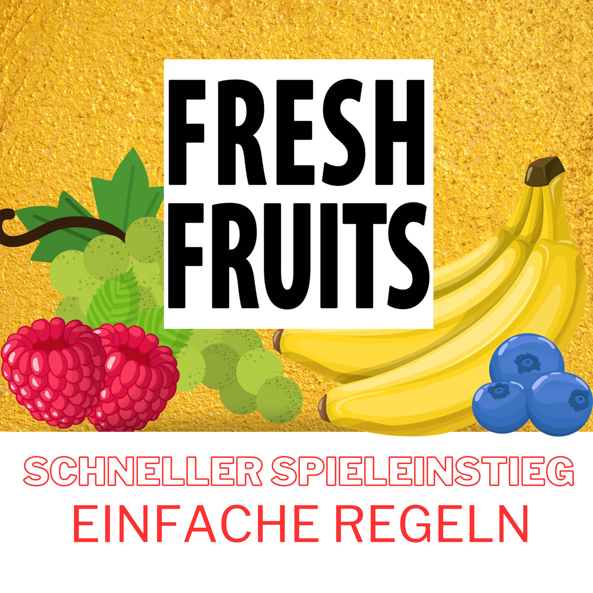 Frisches Obst Brettspiel-Box mit „FRESH FRUITS“ und Früchte-Bildcollage