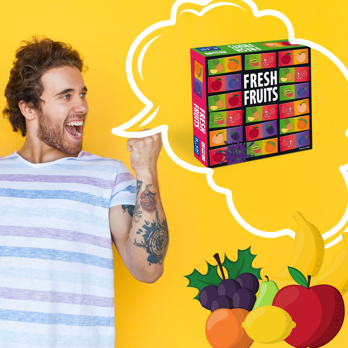 Frisches Obst Brettspiel-Box in Sprechblase mit buntem Fruchtmuster
