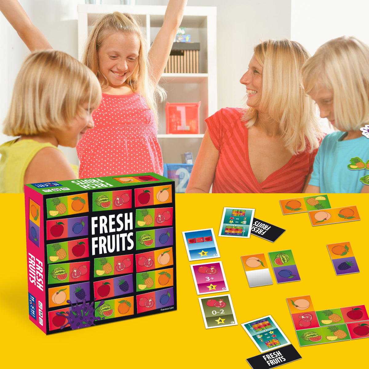 Frisches Obst Brettspiel-Box und Spielkarten mit Fruchtmotiven