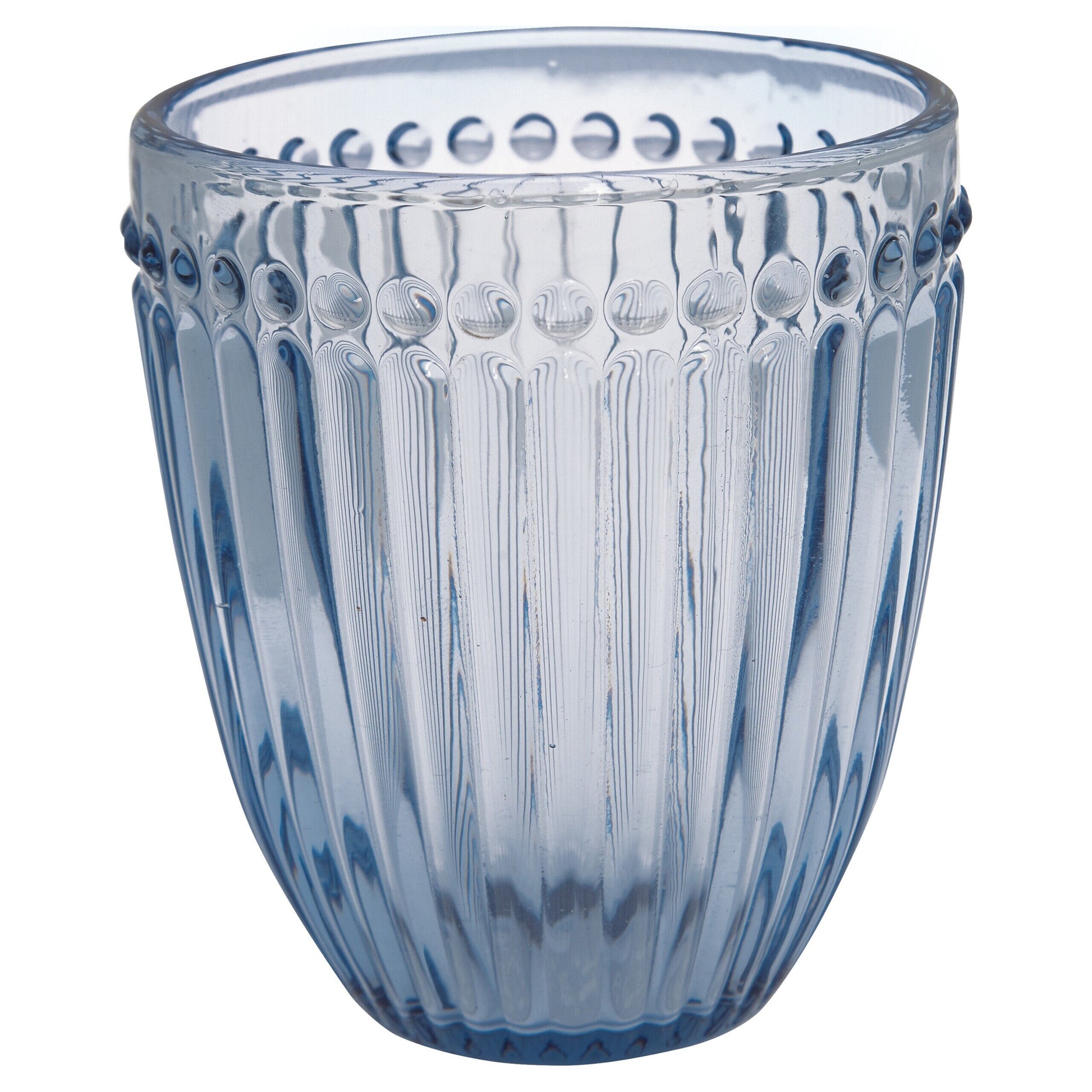 Blaues Wasserglas Alice mit Relief-Vertikallinien und Muster am Rand
