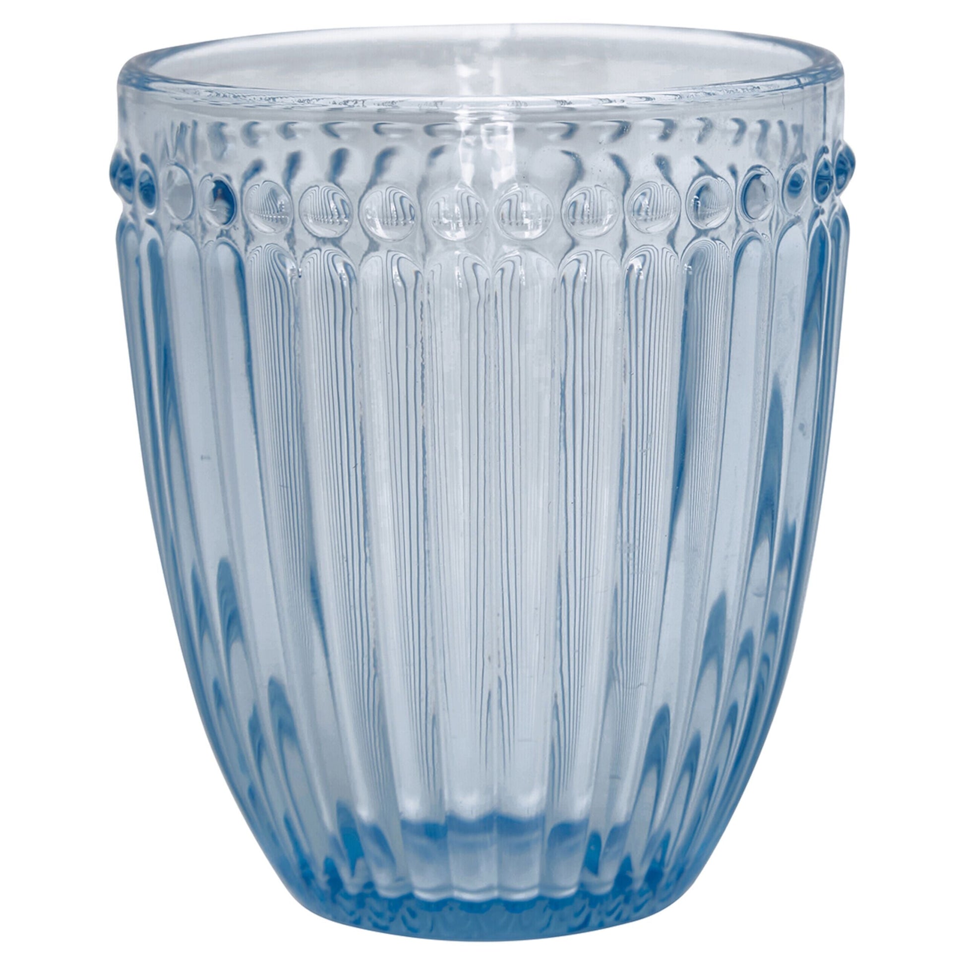 Wasserglas Alice in hellem Blau mit Reliefmuster und geripptem Rand