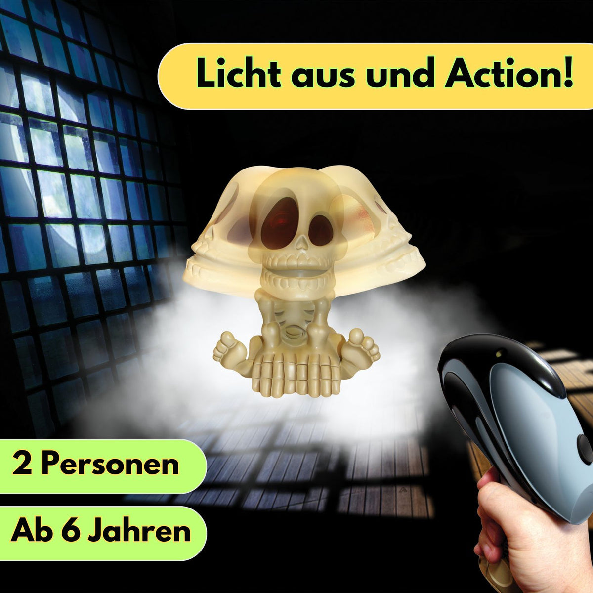 Geisterjagd 2024-Set: Totenkopf-Figur mit Geisterpistole, leuchtender Effekt