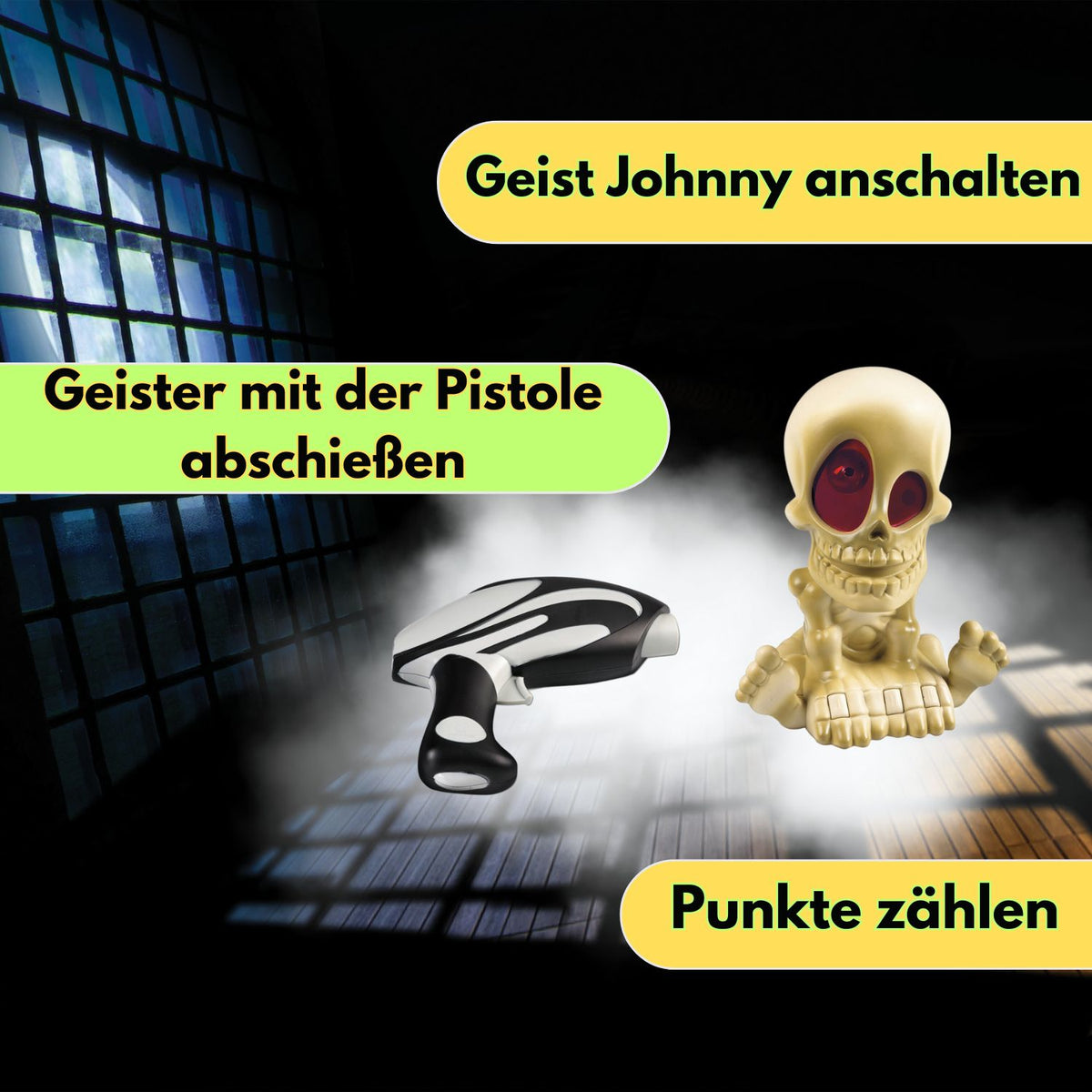 Spielset: Totenkopf-Figur und Geisterpistole, Projektil fliegt nach vorn