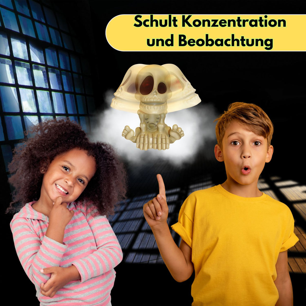 Spielset: Totenkopf-Figur über zwei Kindern, die mit der Geisterpistole spielen