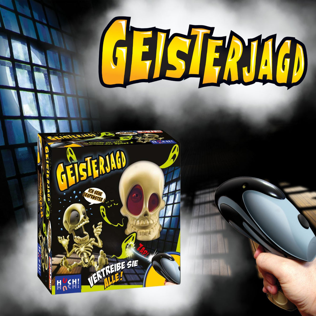 Spielpackung mit Totenkopf-Figur und Geisterpistole in der Hand