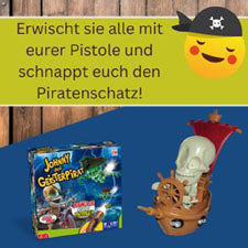 Kinderspiel-Box und kleine Piratenschiff-Figur mit Totenkopf-Design