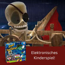Geisterpirat-Skelett mit Piratenhut sowie Kinderspiel-Box daneben