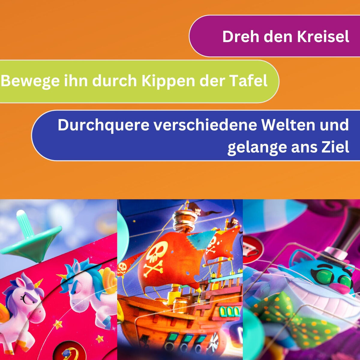 Spielset mit bunten Illustrationen und Spielzeugmotiven, inkl. Kreisel- und Tafel-Elementen
