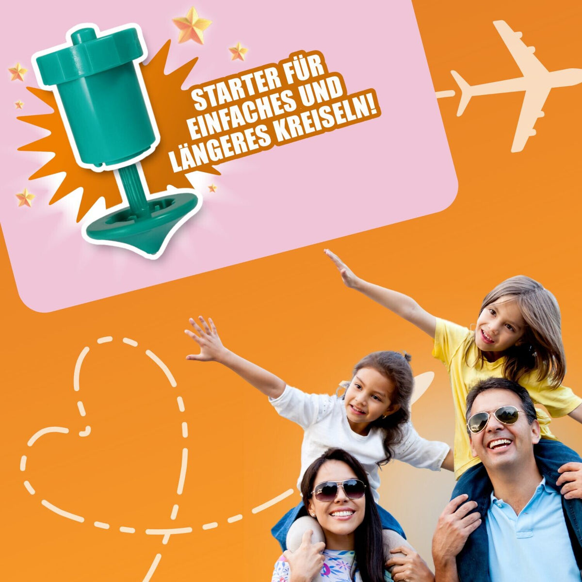 Kinderfamilie mit Spielzeugkreisel und Flugzeugmotiv, spielerisches Lernset im Karten-Design
