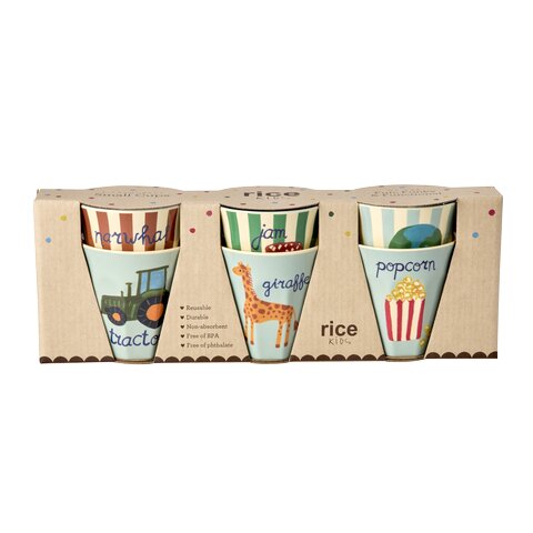 Melamin-Kinderbecher 6er-Set in Motiv-Box mit bunten Tier- und Snackbechern