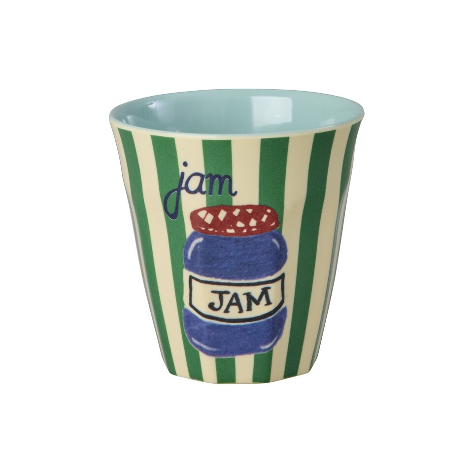 Kinderbecher aus Melamin mit Streifenmuster und Marmelade-Motiv jam